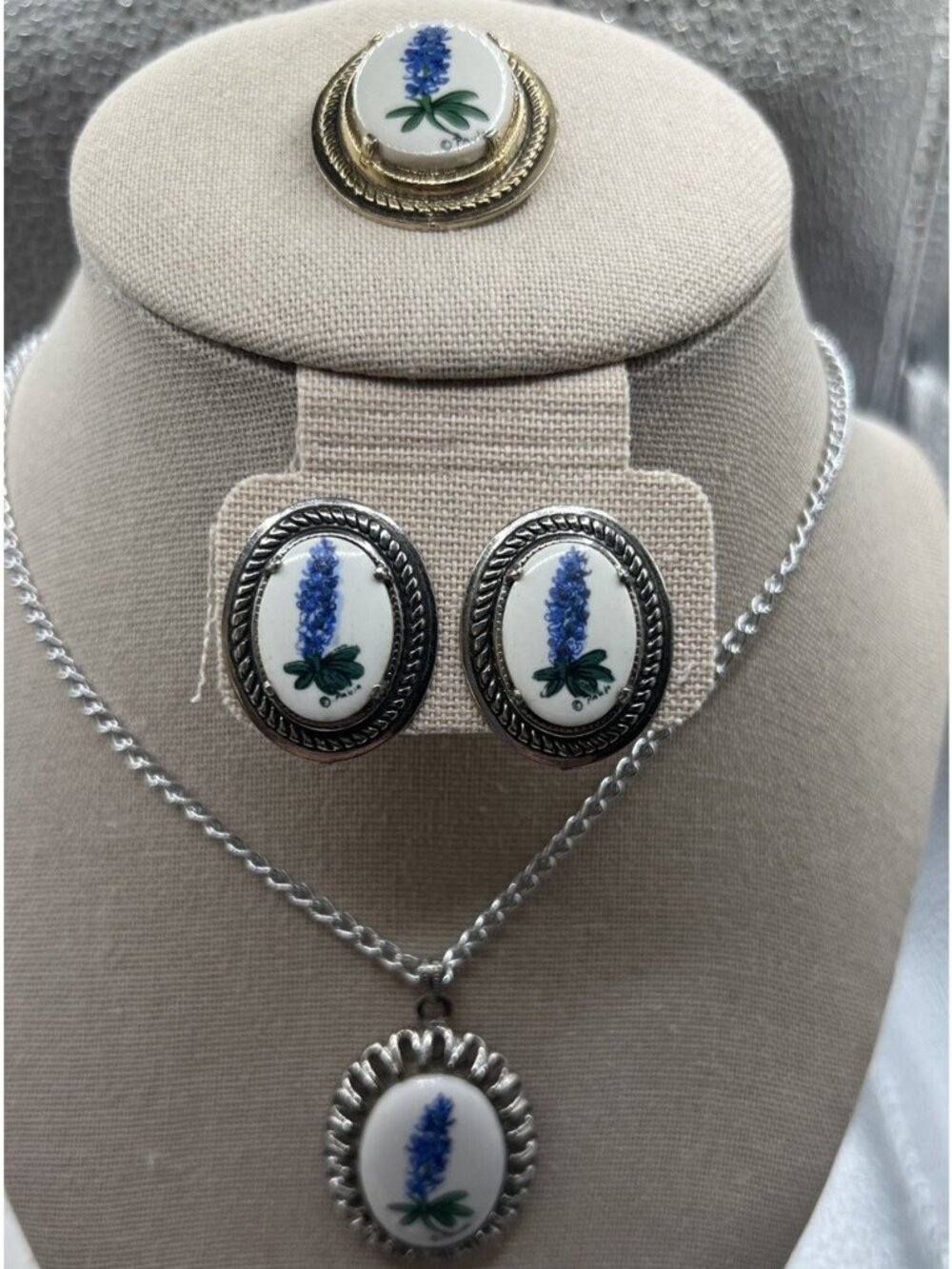 Paula Hand-painted Porcelain Texas Bluebonnet Necklace Earrings Brooch Set